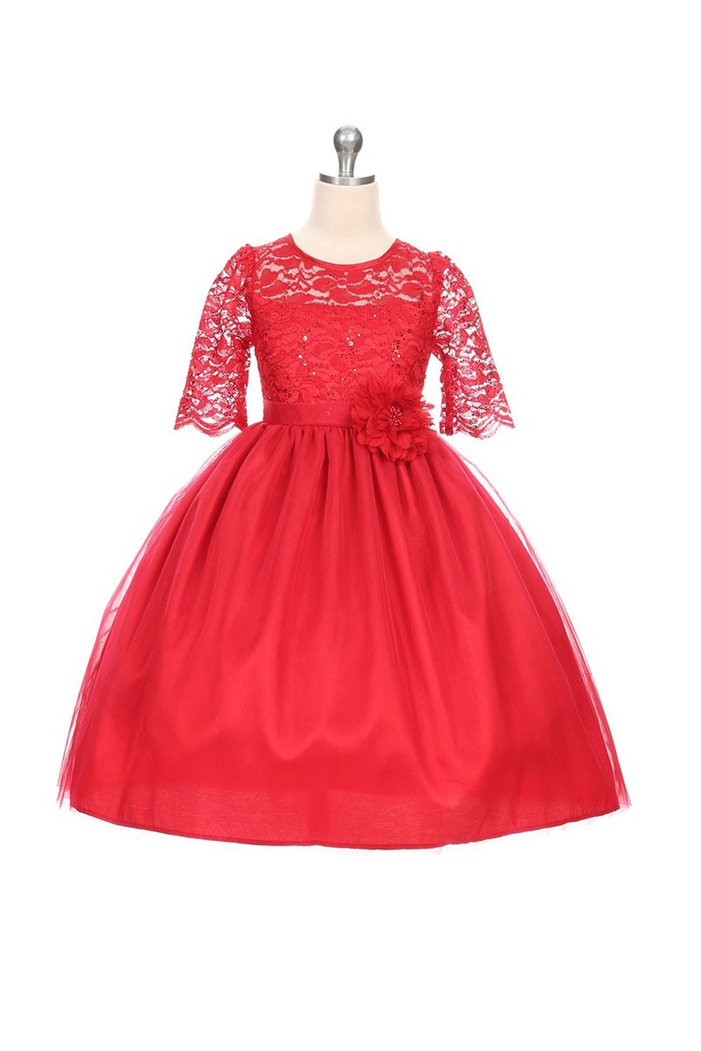 Red Strech Lace Tulle Flower Girl Dress